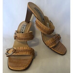 Brighton Italy Strappy Sandals 7M Tan Leather Slip On Horseshoe Metal Accent
